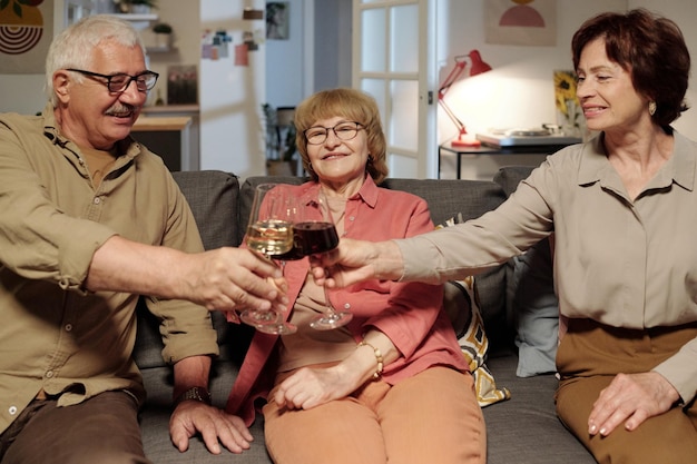 Happy senior friends toasting with glasses of wine during home party