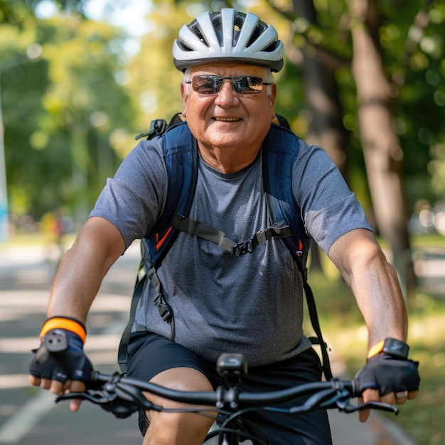 Happy senior man in sportswear riding bicycle Active old age concept