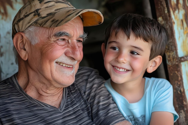 Happy senior man with a boy smiling and looking at each other