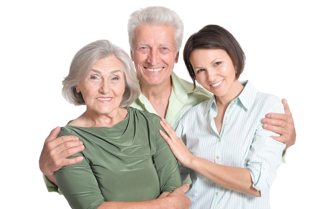 Happy senior parents with daughter isolated on a white background