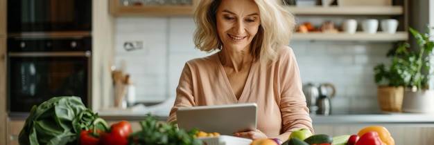 Photo happy senior woman using a tablet for meal planning with fresh vegetables in a modern kitchen nutritionist showcasing digital tools for healthy living and diet management