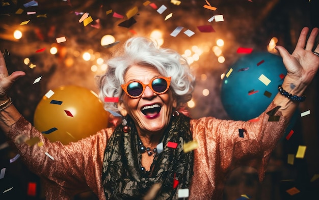 Happy seniorr woman having fun at Birthday party