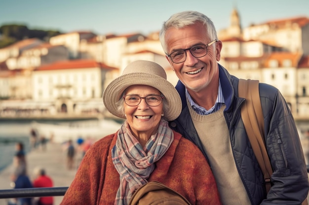 A happy seniors couple in Italy Portugal traveling AIgenerated