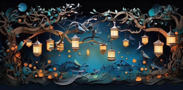 a happy shbat theme with colorful decorations and lanterns in the style of dark azure and green