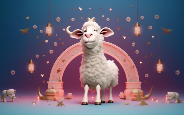 Happy Sheep on Eid Day Celebrating Eid Al Adha with colorful background Generative Ai