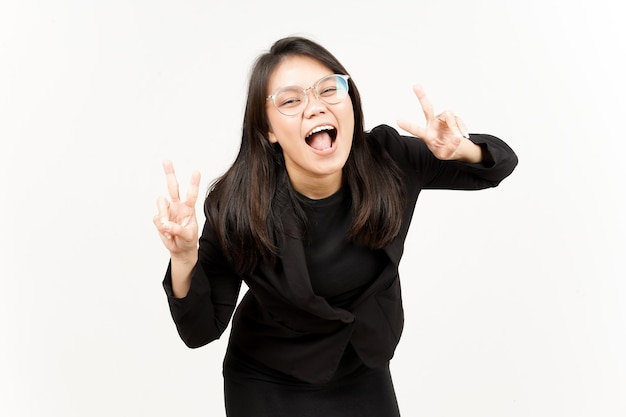 Happy and Showing Peace Sign Of Beautiful Asian Woman Wearing Black Blazer Isolated On White