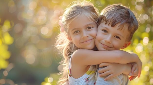 Happy siblings hugging lovingly in a summer park Young children brother and sister embracing each