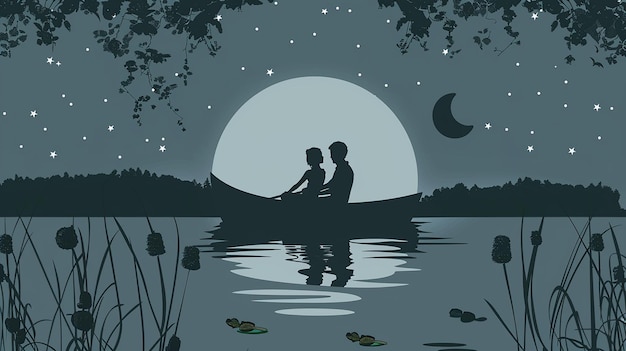 A happy silhouetted lovely couple riding a boat in lake