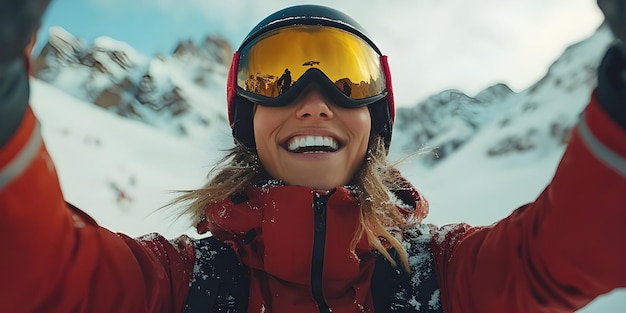 Photo happy skier in snowy whistler mountain landscape