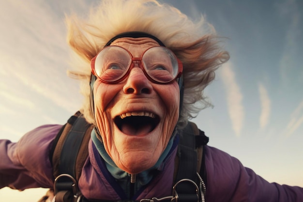 Happy skydiver senior woman do skydiving freedom carefree concept Generative AI