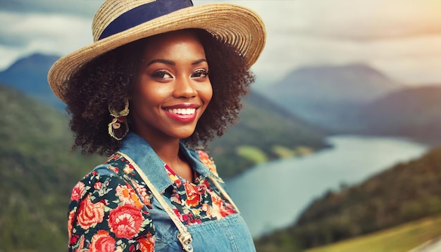 Happy and smile african american woman wear straw hat with vintage fashion