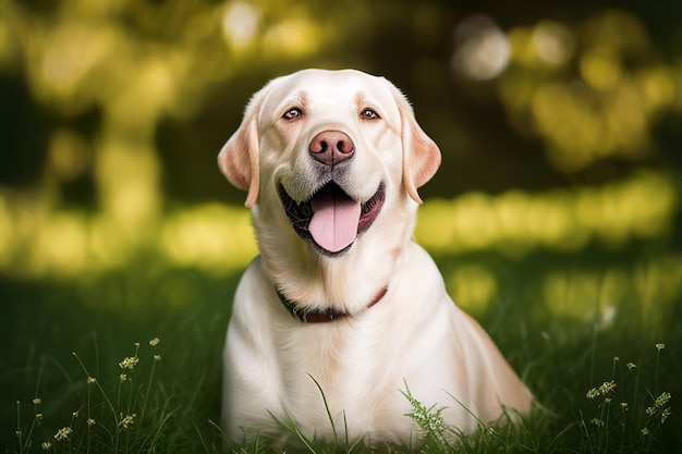 Happy and smile labrador golden retriever dog outdoors in grass park on sunny summer day.