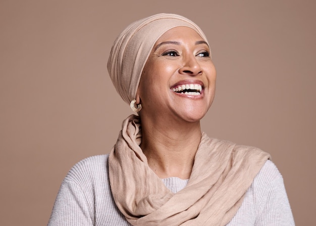 Happy smile and woman in hijab with studio background natural beauty and skincare Fashion makeup and cosmetics portrait of lady with head scarf celebration of culture religion and lifestyle