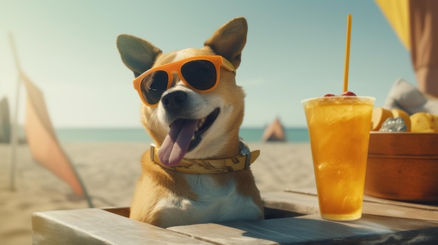 Happy smiles dog with sunglasses and drinks in beach background Vacation travel time concept