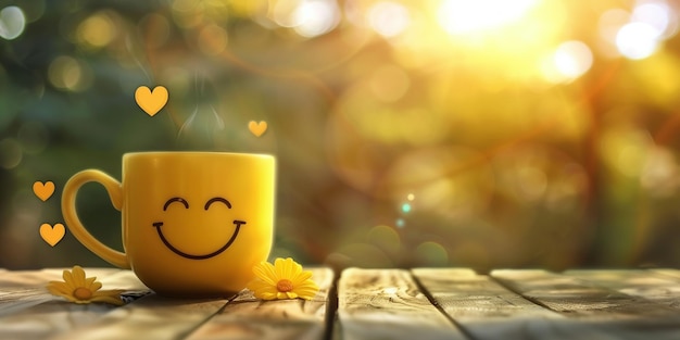 Happy SmileyFaced Yellow Mug on Wooden Table with Morning Glow