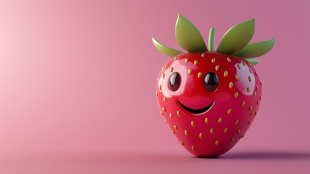 Photo happy smiling 3d strawberry with bright green leaves and shiny red skin set against a vibrant pink background creating a cheerful and playful mood