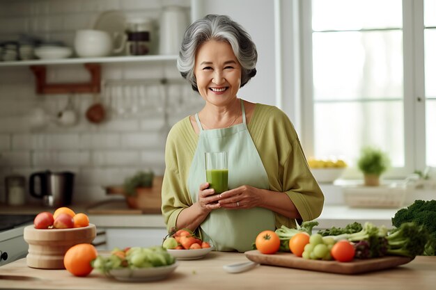 Happy smiling asian older woman in apron is tasting and smell food while cooking in kitchen