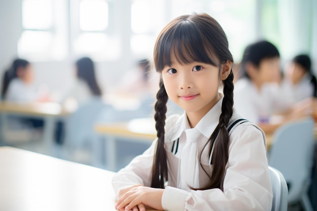 Happy smiling Asian schoolgirls sitting in the classroom