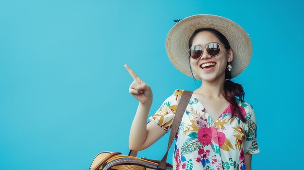 Happy smiling Asian woman dressed in summer clothes and wearing hat with luggage enj Generative AI