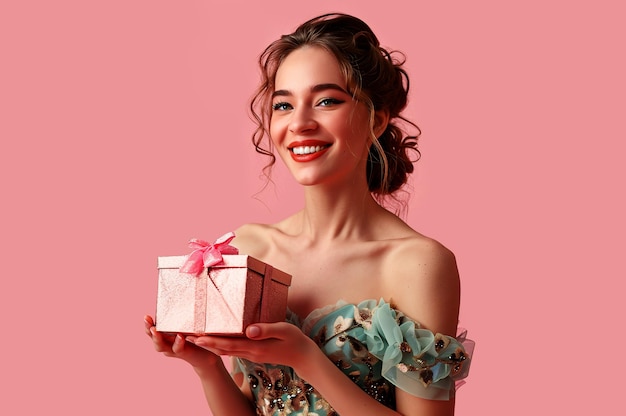 Happy smiling beautiful woman wearing elegant dress holding gift box over pink background