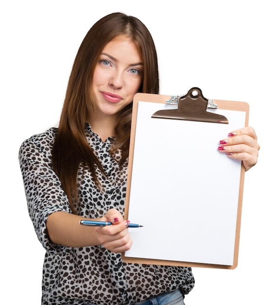 Happy smiling beautiful young woman with clipboard