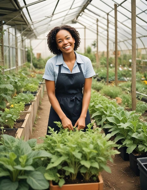 Happy and smiling Black business woman in garden center business owner in plant retail store