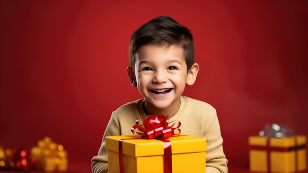 Happy smiling boy holding gift box on a colored background