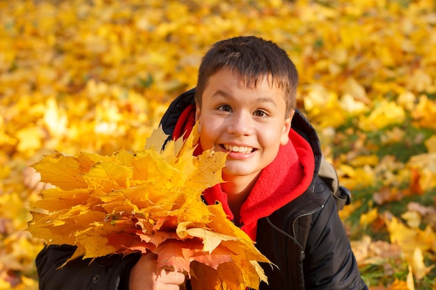 Happy smiling boy with autumn leaves