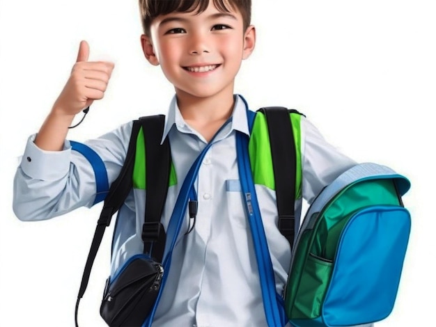 happy smiling boy with thumb up is going to school