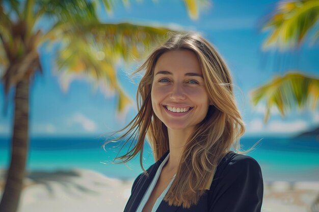 Happy smiling business woman on beach background summer holiday vacation of employee office