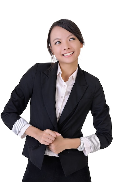 Happy smiling business woman, closeup portrait on white background.