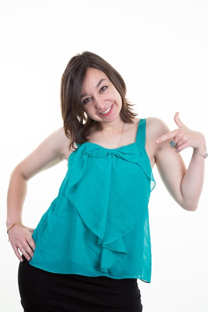 Happy smiling businesswoman with thumbs up gesture, isolated on white background