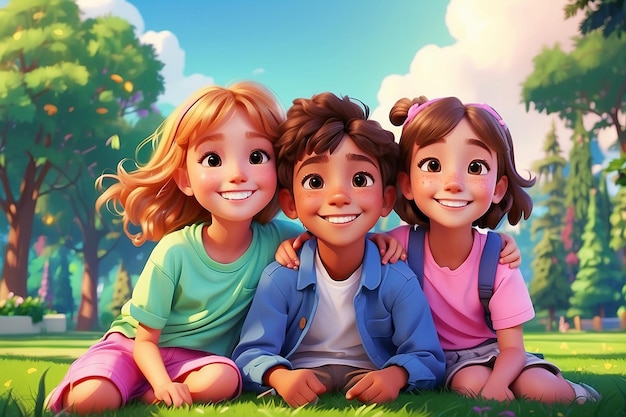 A happy smiling children friends sitting on the green grass together in the park outdoors and looking cheerful at the camera hugging