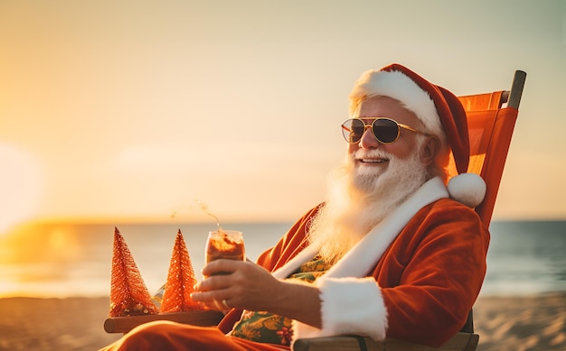 Happy smiling Christmas Santa Claus in sunglasses with fresh orange juice cocktail drink resting relaxing enjoying sunshine at lounge chair at ocean beach Vacation travel New Year holiday concept