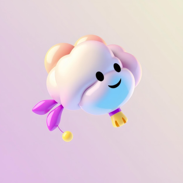 Photo a happy smiling cloud with a purple bow and yellow details floating on a light pink background