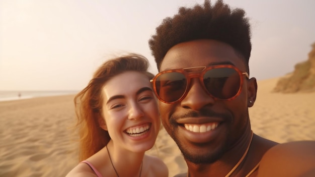 A happy smiling couple poses for a selfie on Panjin Red Beach in China Summer vacation for a black young guy and wife Generative AI