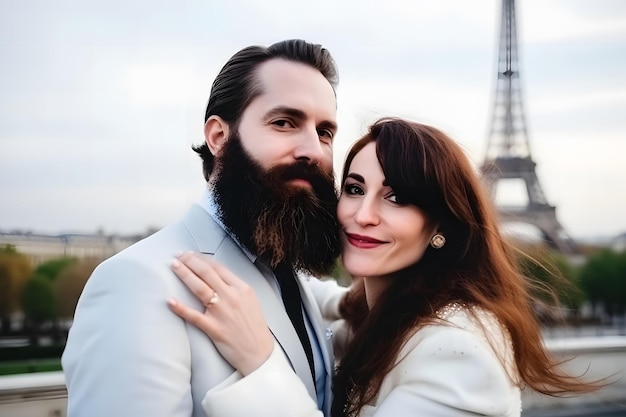 Happy smiling couple traveling in france taking selfie in paris neural network ai generated