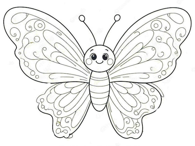 Happy smiling Cute Butterfly outline black and white Line art coloring book for kids Jpg