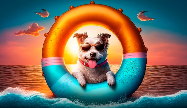 Happy smiling dog in sunglasses with a cocktail on an inflated swimming ring on the sea Generative AI