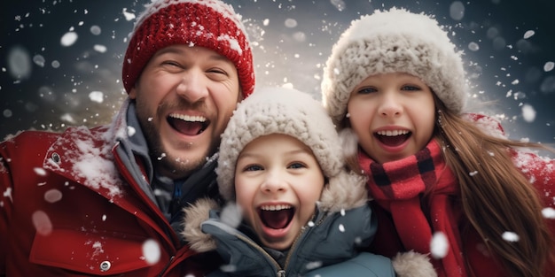 Happy smiling family on winter holidays in snowy day Generative AI