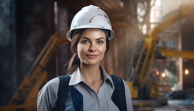 Happy smiling female engineer cute young people construction Slavic appearance