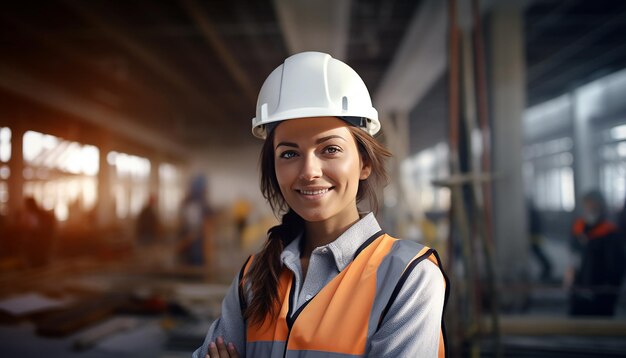 Happy smiling female engineer cute young people construction Slavic appearance