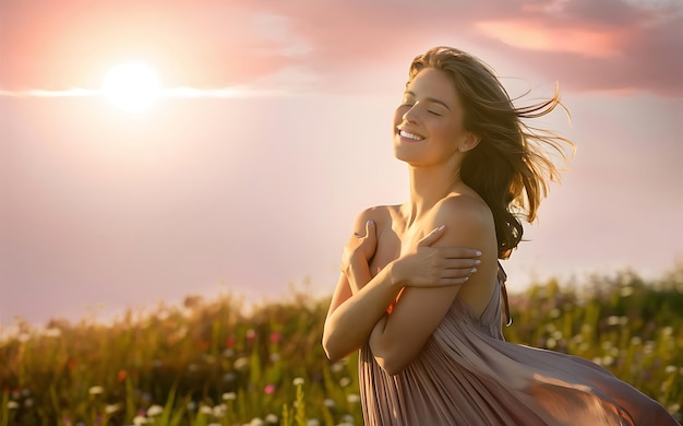 happy smiling free woman with closed eyes enjoys a beautiful moment life on the fields at sunset