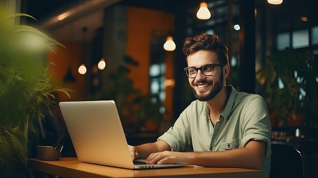 Happy smiling girl wearing eyeglasses while sitting at home interior and working on laptop joyful freelancer woman using portable computer at modern coworking office visual effects