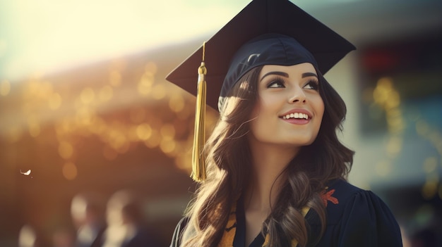 Happy smiling graduating student girl in an academic gown standing in front of college