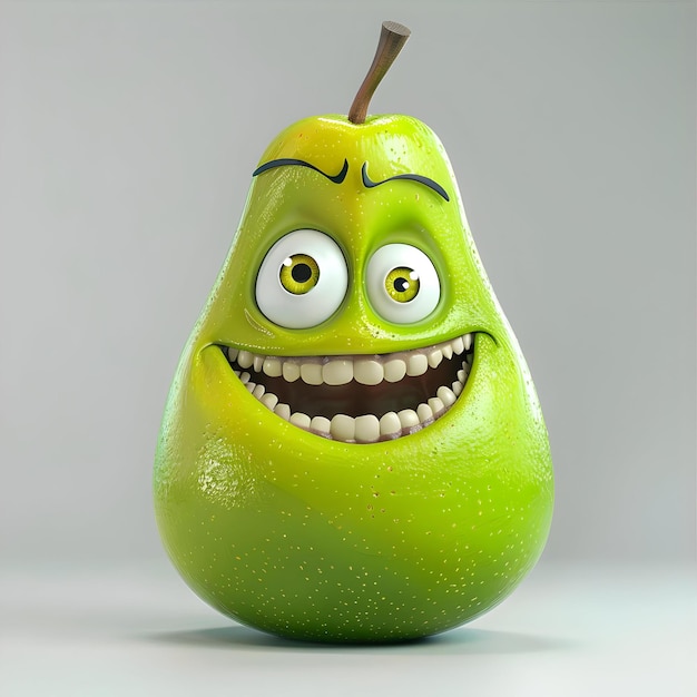 A Happy Smiling Green Pear Character With Large Eyes And An Exaggerated Grin Against A Plain White