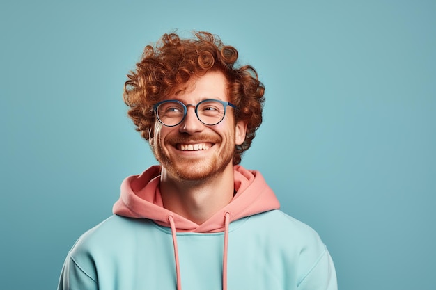 happy smiling handsome guy with ginger curly hair wearing glasses in hoodie on blue background