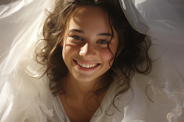 Happy smiling incredible unbelievable fabulous cheerful beautiful pretty cute lovely nice bride in a wedding dress Young girl woman lady at a wedding veil hairstyle makeup