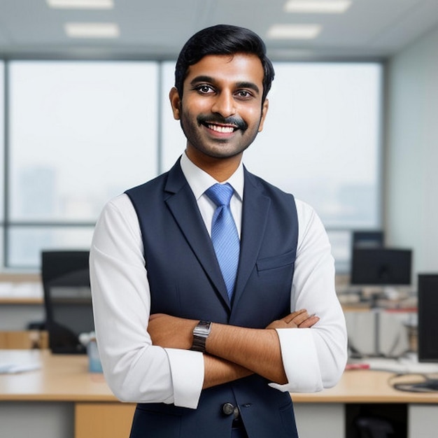 happy smiling Indian business man leader looks away with confidence standing in the office smiling young professional businessman manager and executive from India