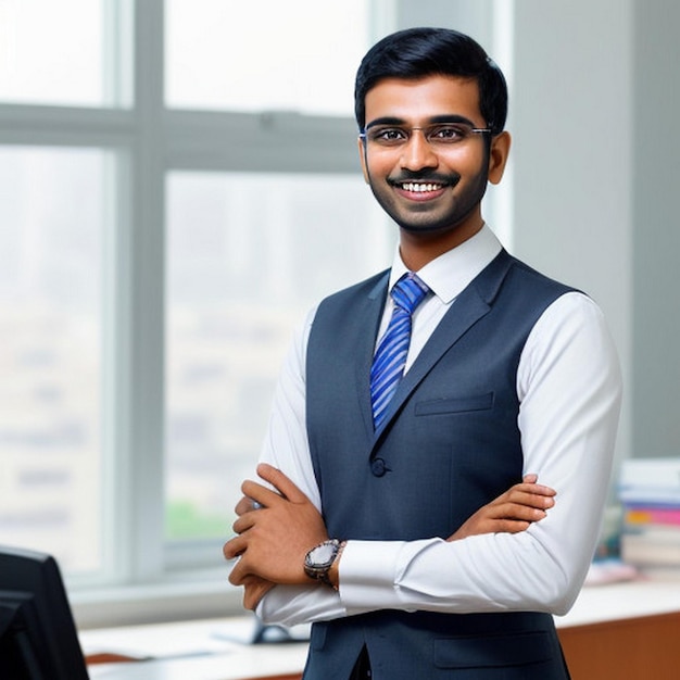 happy smiling Indian business man leader looks away with confidence standing in the office smiling young professional businessman manager and executive from India